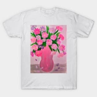 lovely pink and purple carnation flowers. In a metallic silver and pink vase . T-Shirt